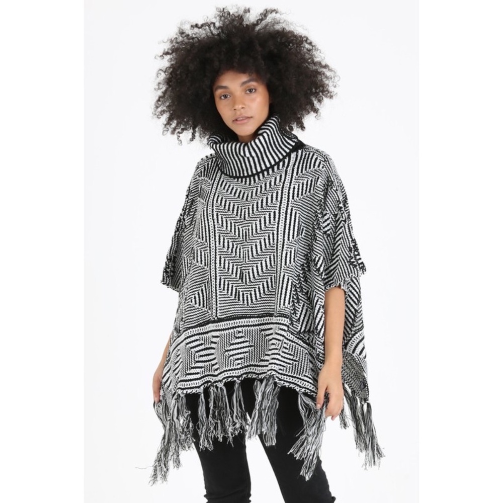ANGIE Black & White Cowl Neck Poncho with Fringe
